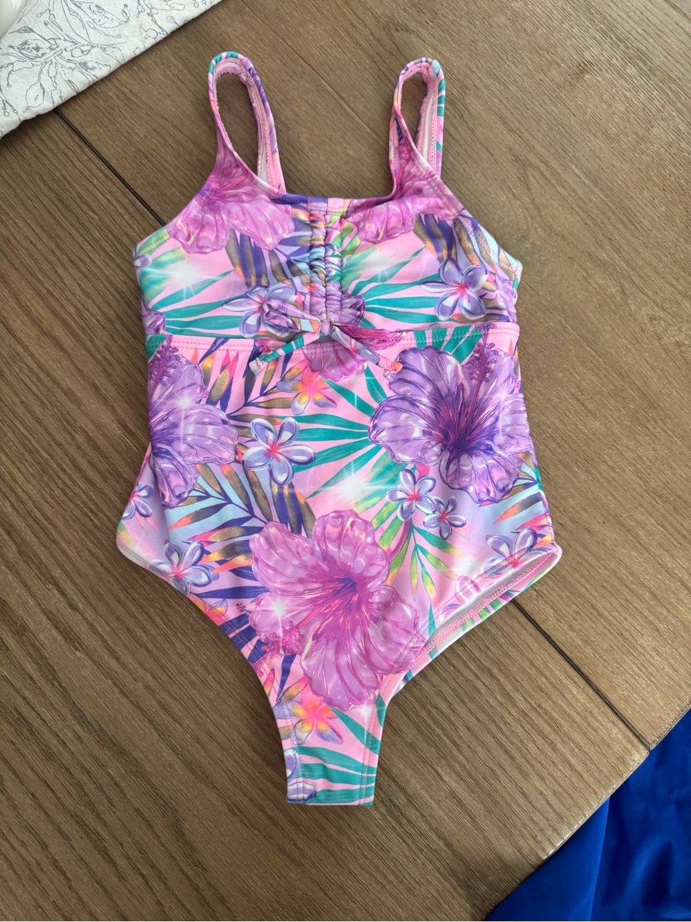 Justice Girls NWOT Pink Purple Floral Cinched Cutout Swimsuit XS